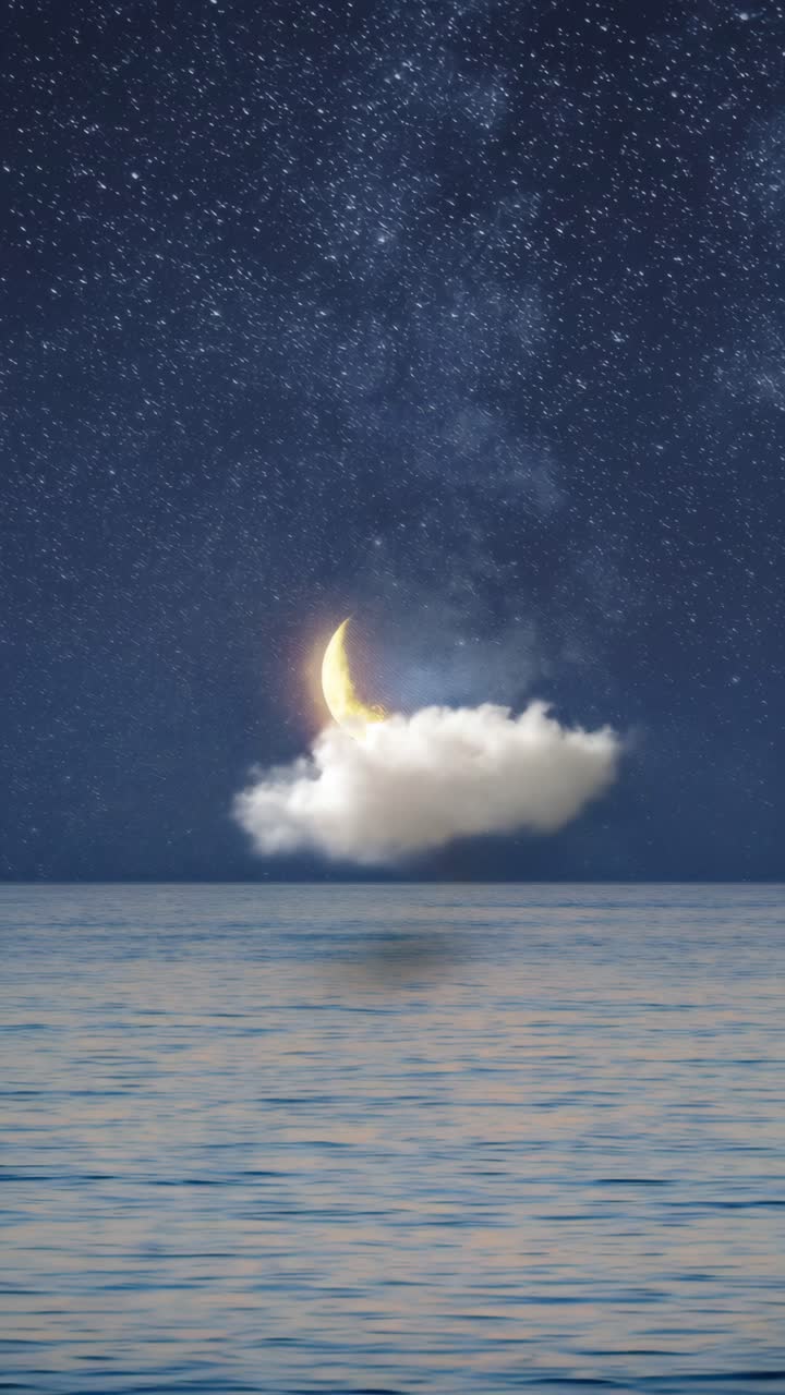 Surreal video concept with a low-angle view of a crescent moon resting on a cloud over a calm sea