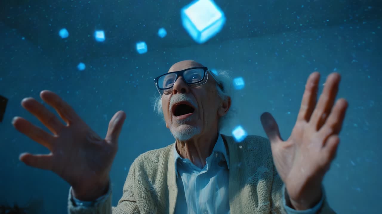 Astonished Elderly Man Engages with Floating Digital Cubes in a Dark Room: The Intersection of Technology and Human Emotion Displayed Through Fascination and Awe