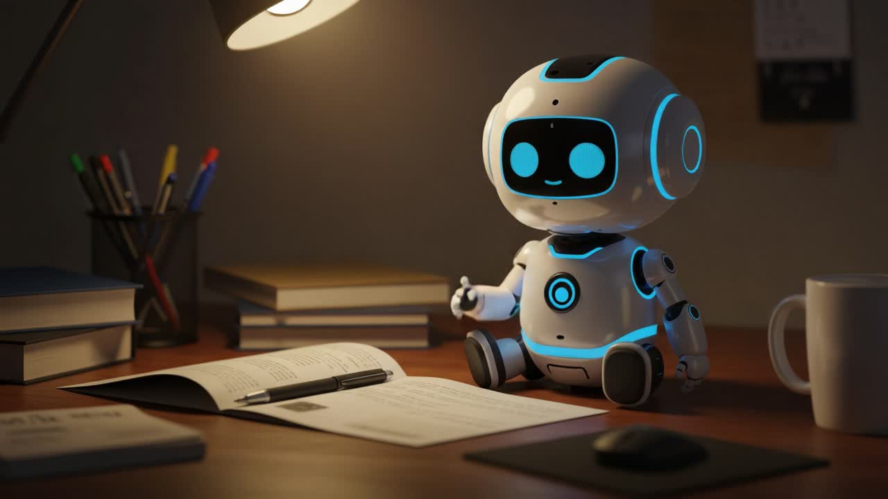 Un simpatico robot interattivo su una scrivania durante una serata accogliente, che interagisce con l'ambiente circostante attraverso gesti giocosi e luci soffuse