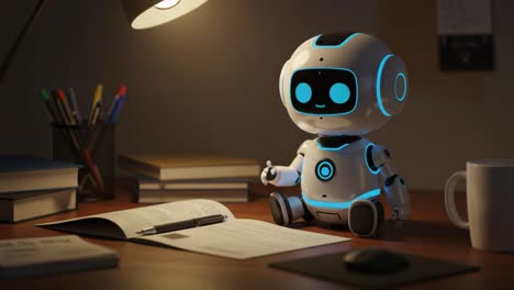 a cute interactive robot on a desk during a cozy evening, engaging with its surroundings through playful gestures and soft glowing lights