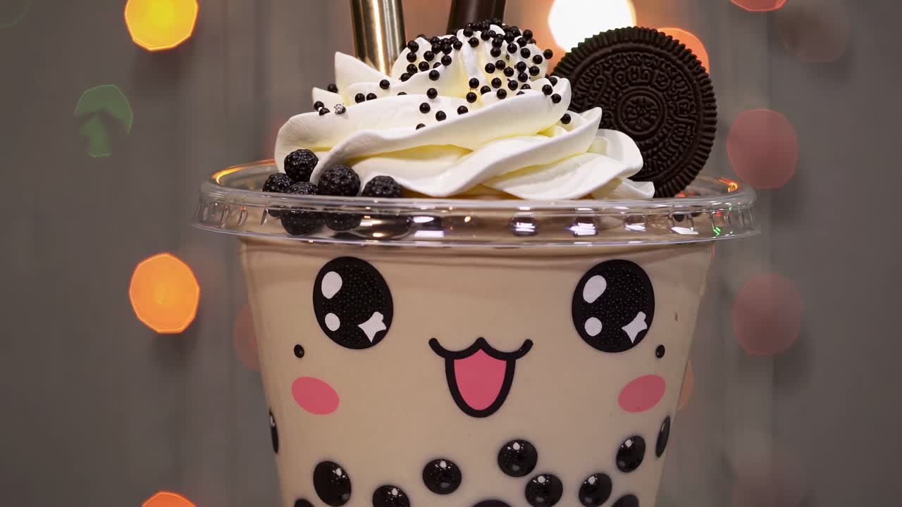 Adorable kawaii bubble tea topped with whipped cream, chocolate cookie, and sprinkles, presented against a backdrop of vibrant bokeh lights