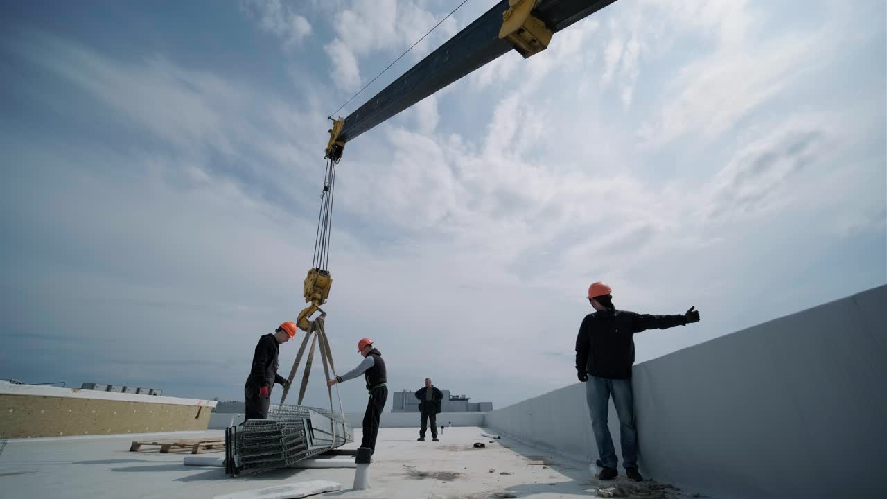건설 타워 크레인은 지붕에 짐을 들어 올리고 있습니다.