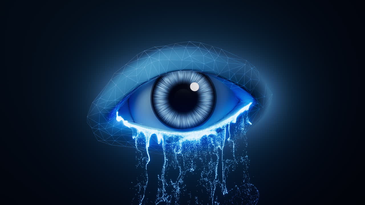 An eye in the dark with vfx particles, 3d rendering.