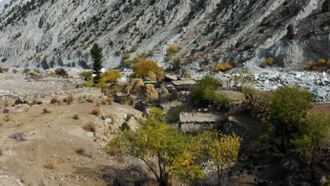 aerial of tato village in autumn colors, pakistani himalaya mountains