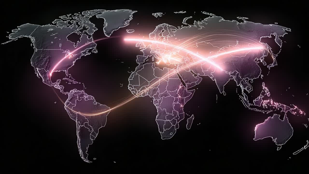 A Global Network Visualization Showing Interconnectivity Between Continents with Neon-Lit Pathways Highlighting Major Communication Routes Across the World