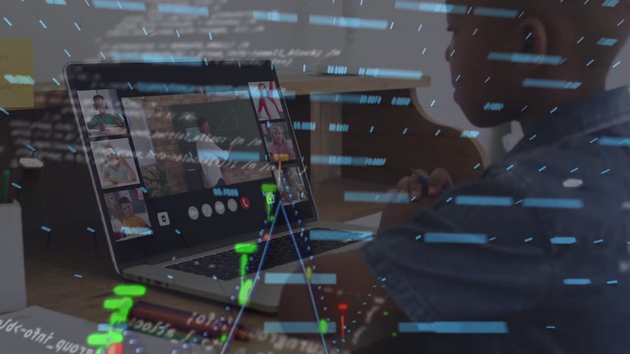 animación de gráficos y procesamiento de datos sobre un niño afroamericano que tiene lecciones en línea en una computadora portátil