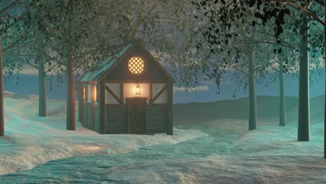 3d rendering of illuminated wooden cottage in forest at winter daytime