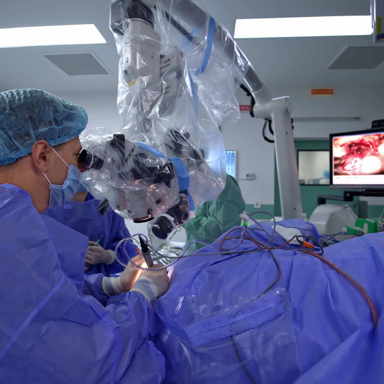 Modern surgery process. New technologies in sterile uniform and mask