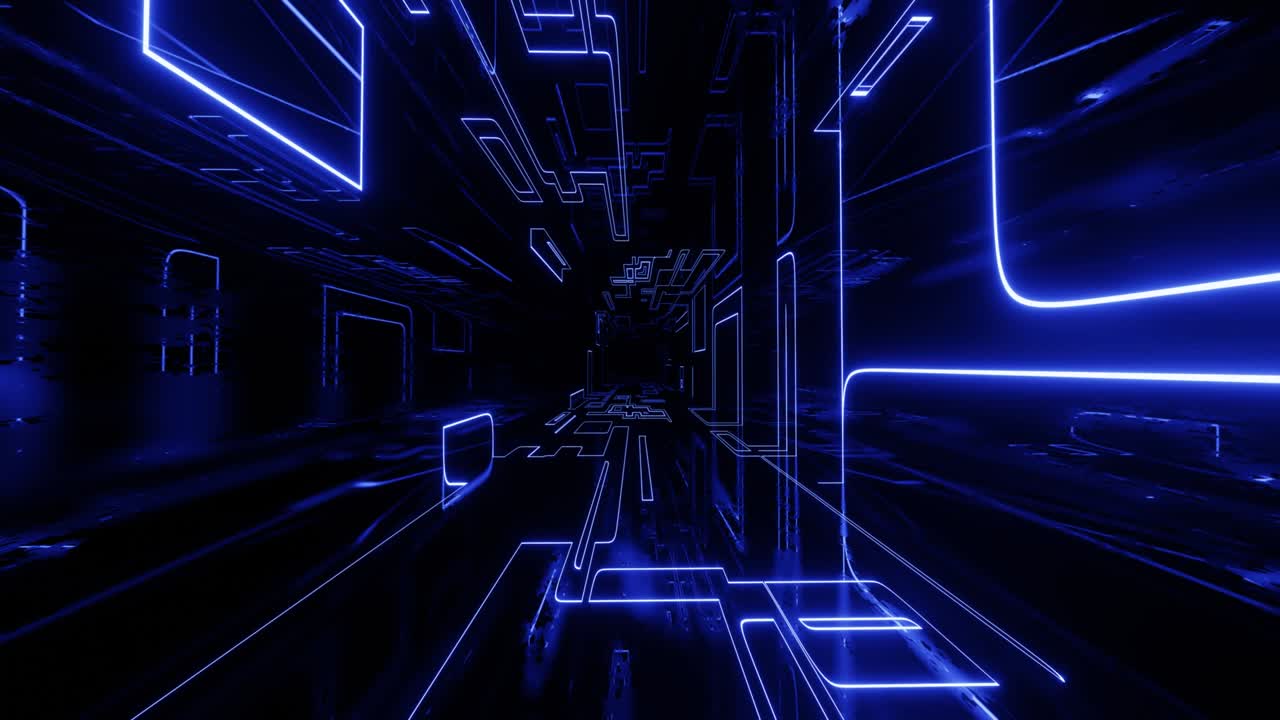 Hi-tech blue neon sci-fi tunel. Trendy neon glow lines form pattern and construction in mirror tunnel. Fly through technology cyberspace. Glow lines form sci-fi pattern. 3d looped seamless 4k bg.