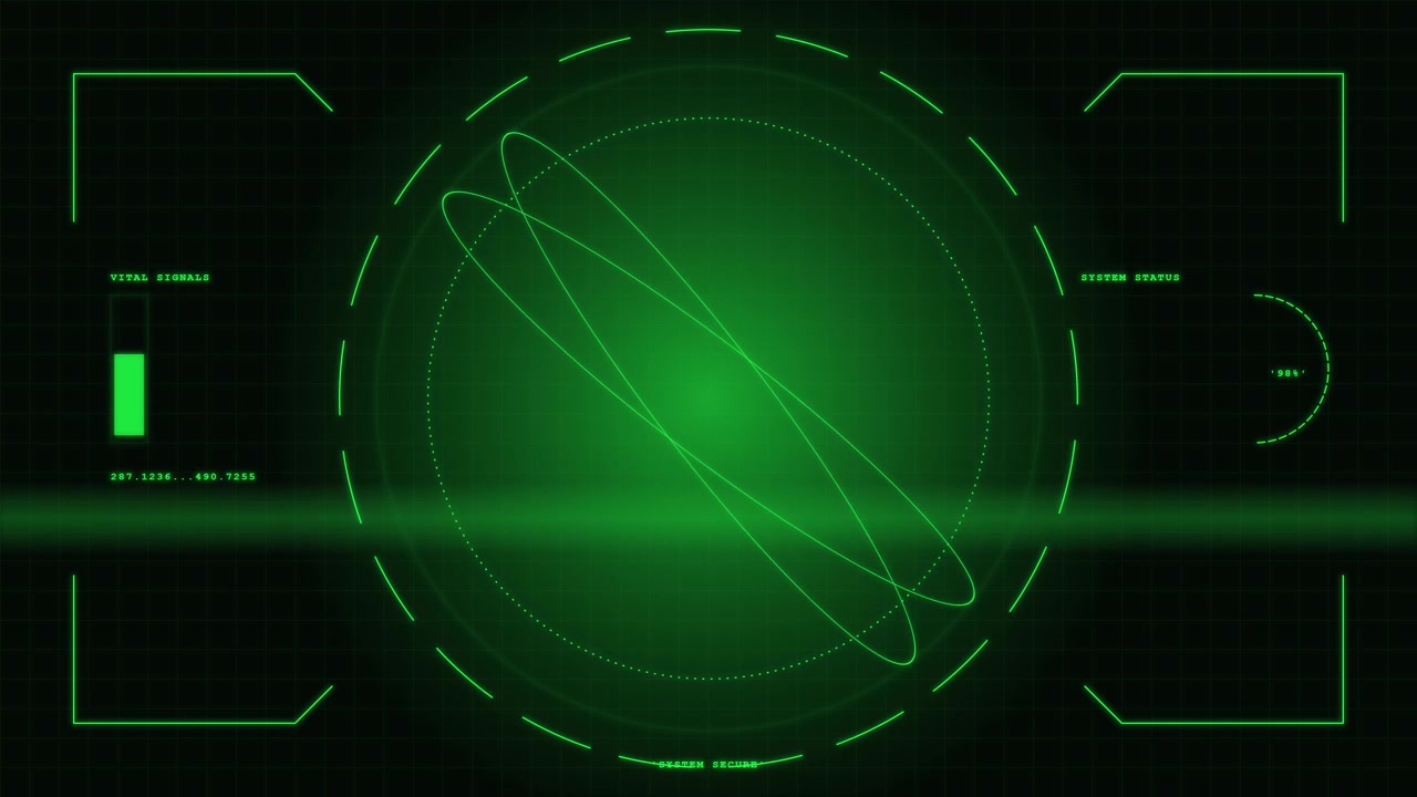 Futuristic Green Digital Radar Interface Scanning Rotating Rings