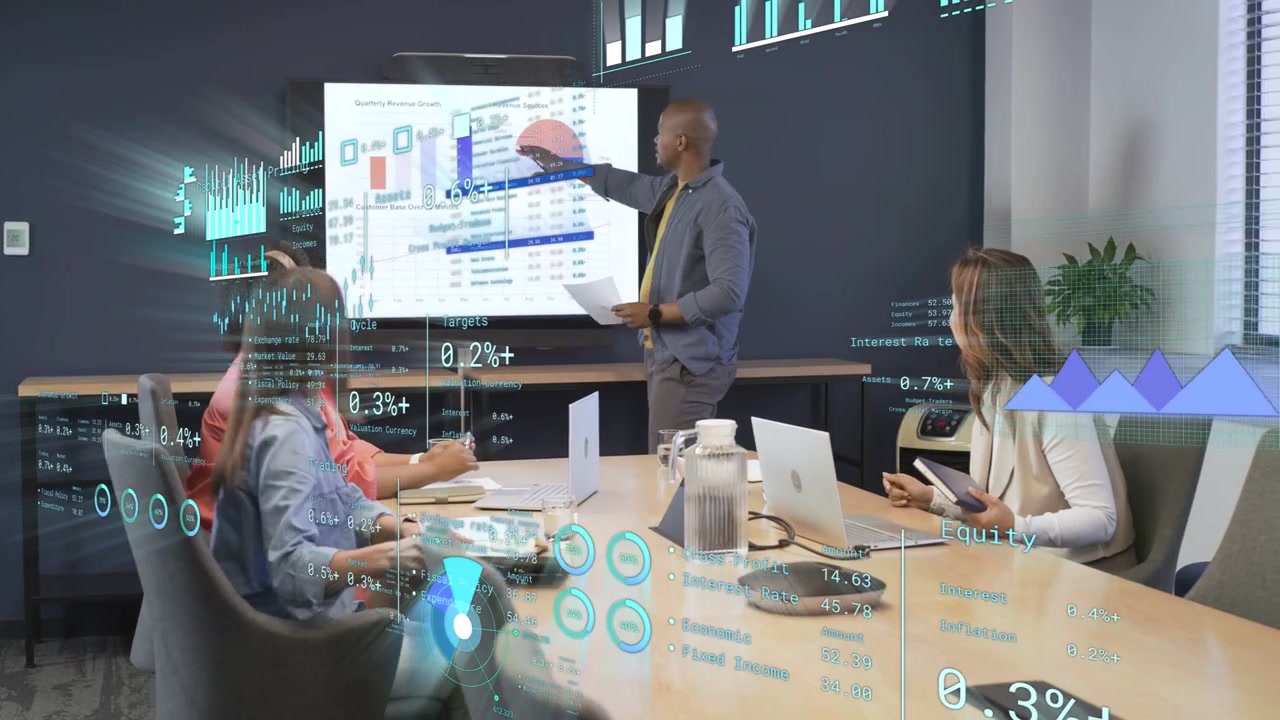 Presenter standing, walking to display and pointing charts, guiding finance targets with overlays