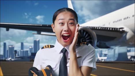 close up of asian woman pilot smiling and saying wow while standing in airfield with airplane on background