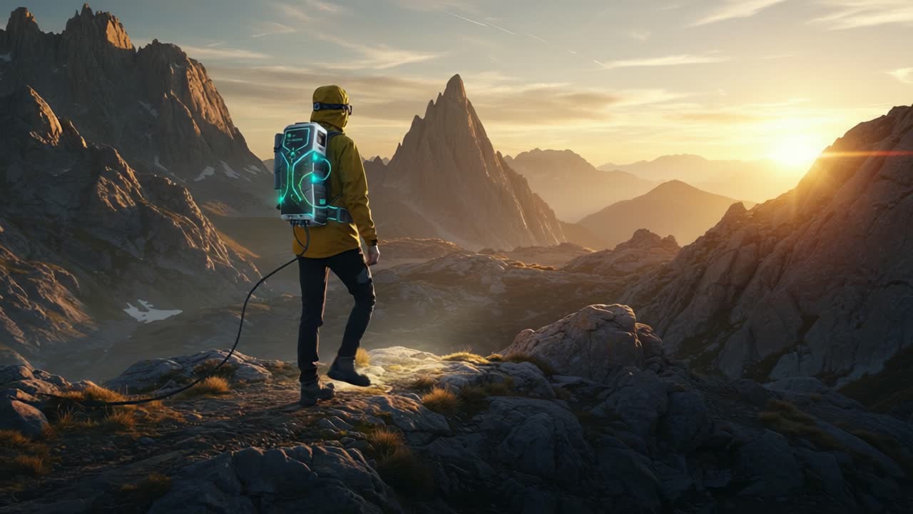 Future Explorer in Scenic Mountains: A Hiker with a Futuristic Backpack Enjoys a Stunning Sunset Over Majestic Peaks and Serene Landscapes