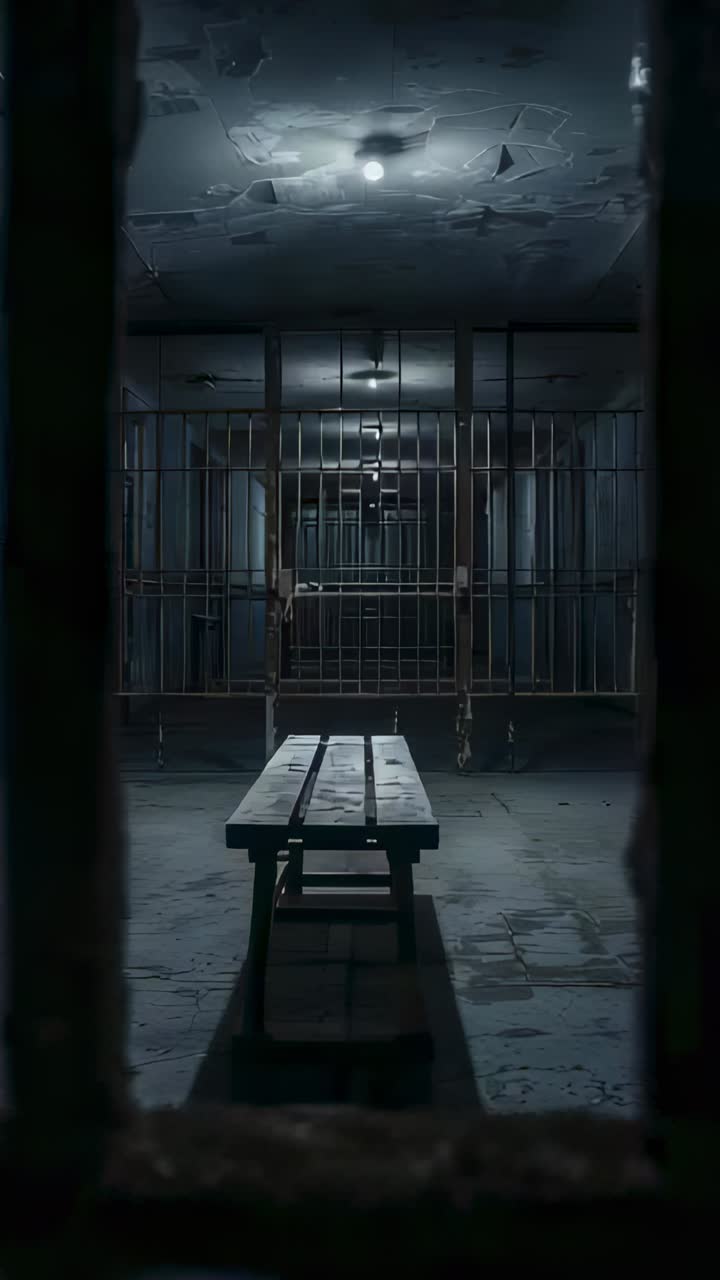 Vertical video: Panning camera from gap, centering wood bench, showing rust and decay in cellblock