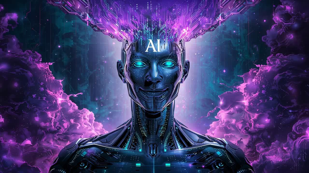 Sending neon-blue traces from sides, android powering up, joining network and lighting AI marking