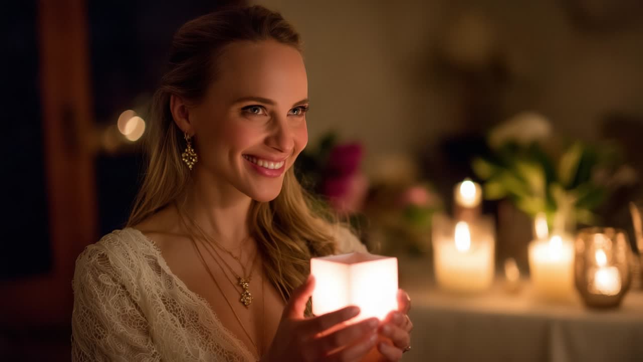 A Captivating Evening: A Joyful Woman Embracing Warmth and Light from a Candlelit Cube While Surrounded by Soft Ambiance and Gentle Flickers, Radiating Happiness and Serenity in an Intimate Setting