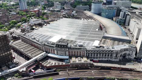 aerial pan showcasing the vast scale of london waterloo station and its surrounding city architecture capturing movement, structure, and urban density from above.