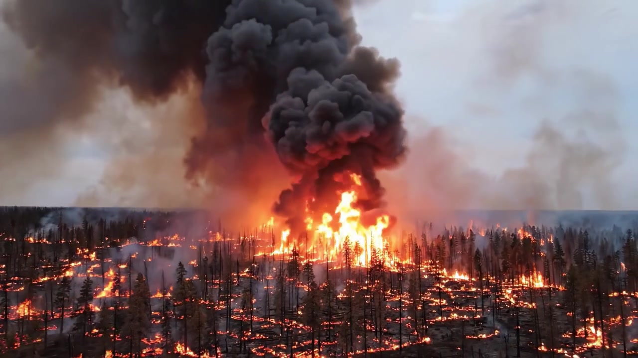 Una Scena Devastante di Incendio Boschivo: Fiamme Intense e Fumo Denso Infuriano Attraverso le Foreste, Consumando Alberi e Creando un'Atmosfera Minacciosa di Distruzione e Caos
