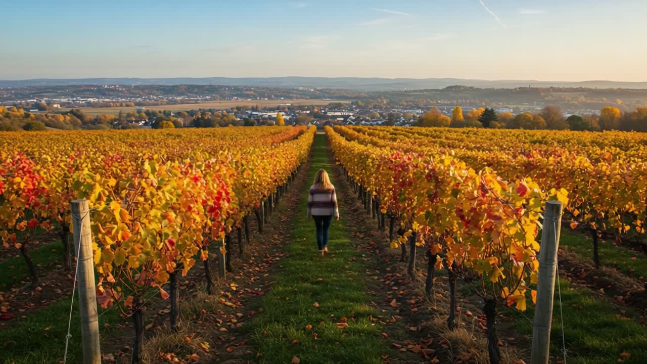 Donna che passeggia in un vigneto autunnale dorato
