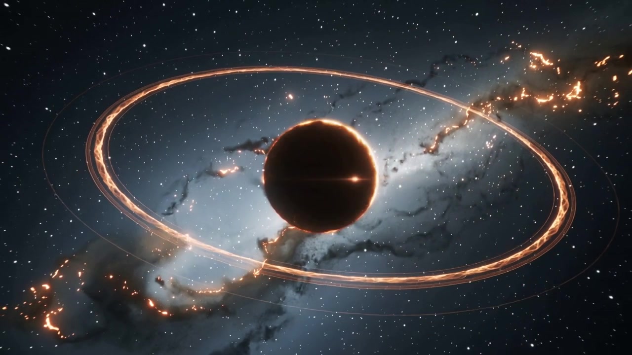 Una banda luminosa centrale si forma, con una sfera centrale che rivela un bordo incandescente in una galassia a spirale, e un anello che ruota.