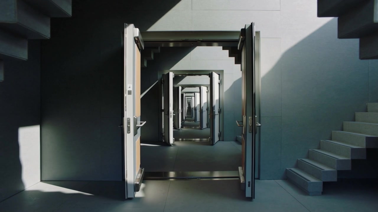 Beginning partly open, metal double doors swinging outward at stairwell revealing repeating frames