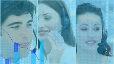 animación de gráficos financieros y datos sobre mujeres y hombres caucásicos que trabajan en centros de llamadas