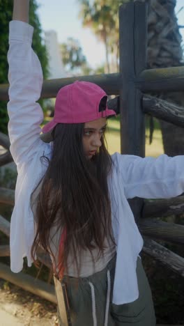 young woman posing near a wooden fence