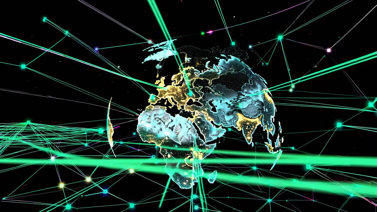 Futuristic video concept of a digital Earth with glowing lines and nodes, viewed from a high-angle