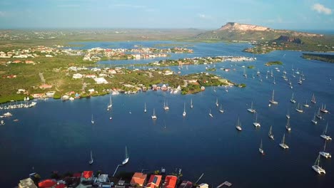 Aerial-view-dolly-in-of-Spaanse-Water-on-the-Dutch-island-of-Curacao,-Caribbean-Sea