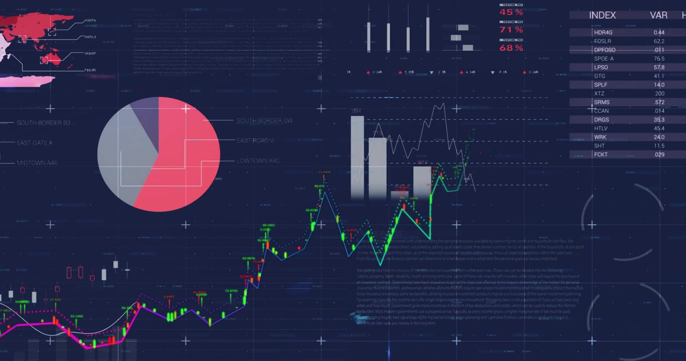 Animation of financial data processing over blue background