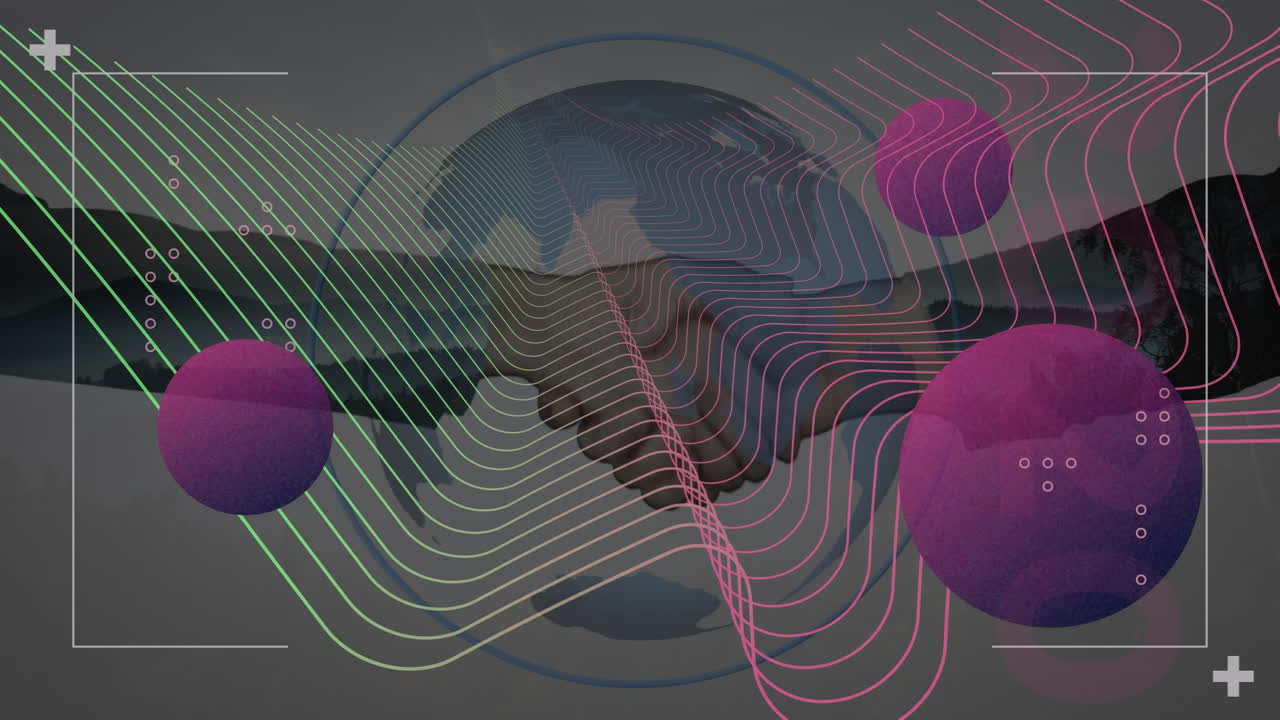 animación de formas, globos y esferas sobre manos que se estrechan