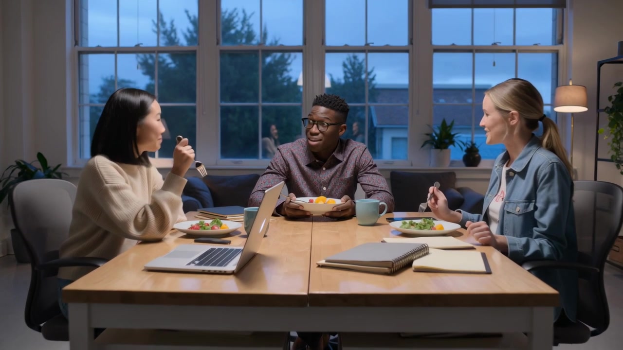 Taking bite left woman sparking chat with team in casual clothes at office table with laptops