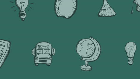 animación de los iconos relacionados con la escuela dibujados con tiza que se mueven sobre la pizarra verde