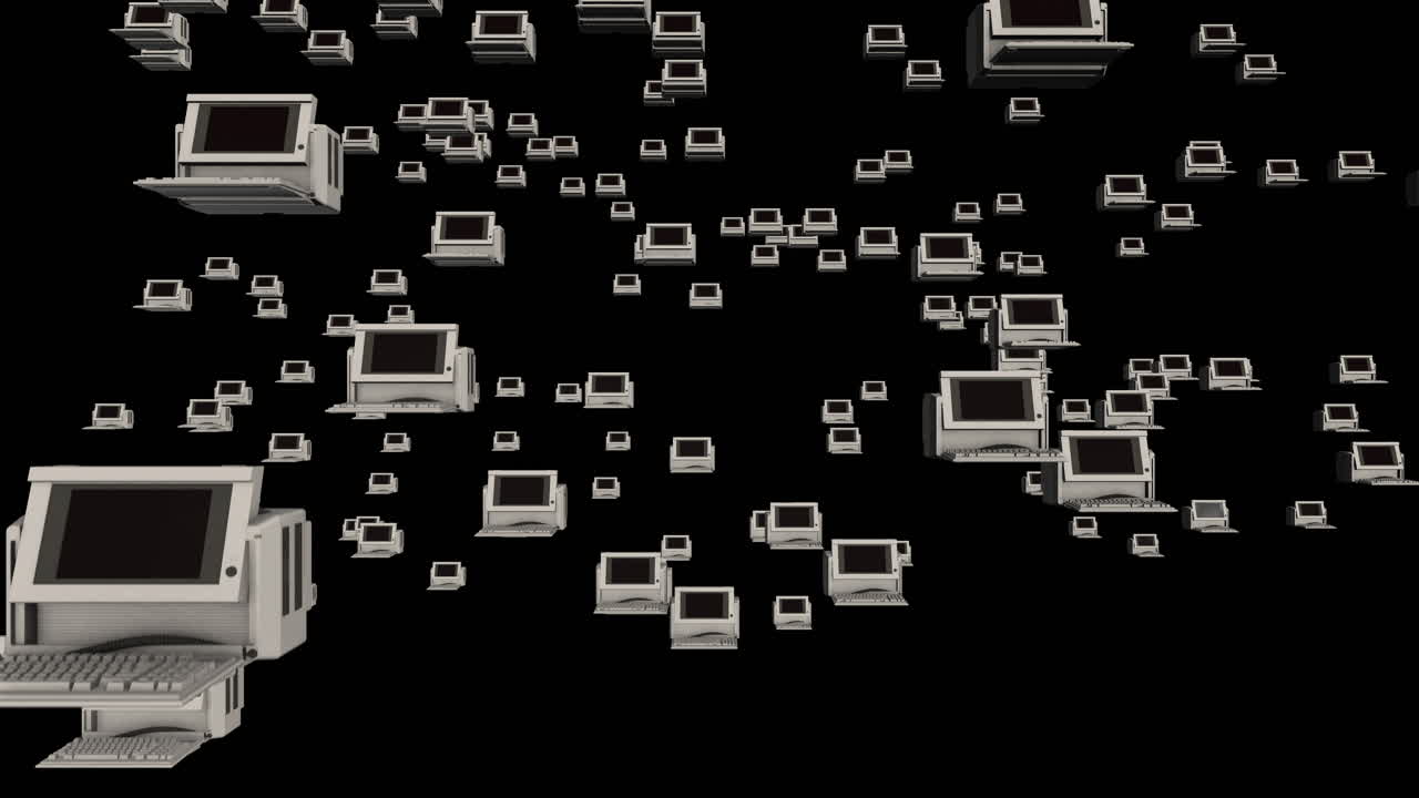 오래된 pc 데스크 ⁇  컴퓨터가 검은 배경으로  ⁇  빈 공간에 떠다니고 있습니다.
