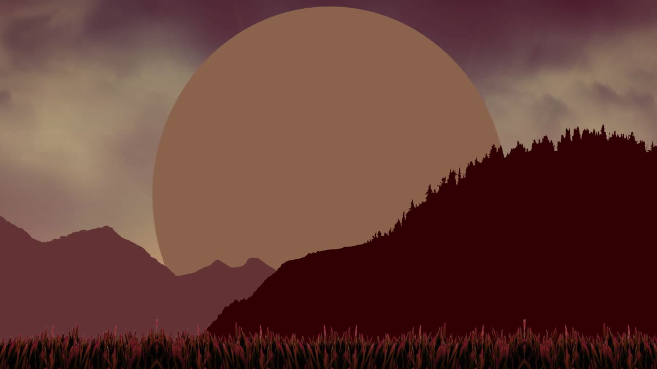 animación de siluetas de montañas y sol sobre el cielo azul con nubes