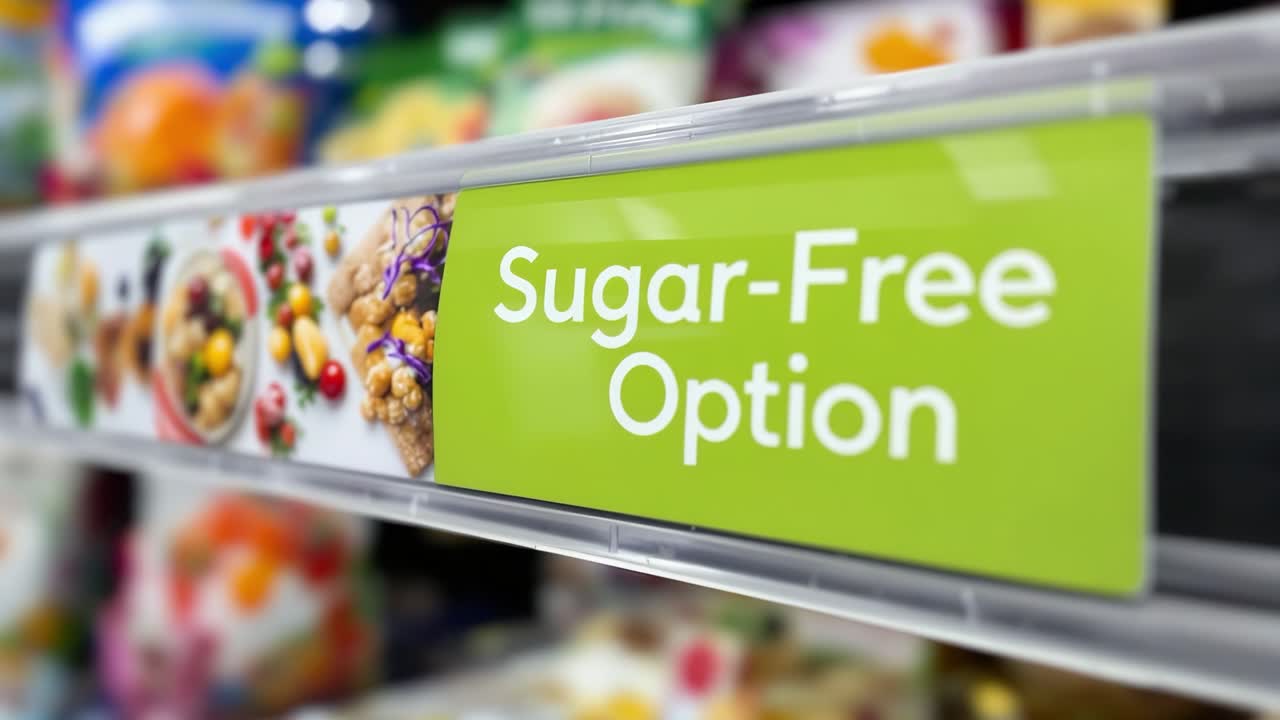 Green shelf tag displaying nutritional information, promoting wellness through informed food selection at grocery store environment