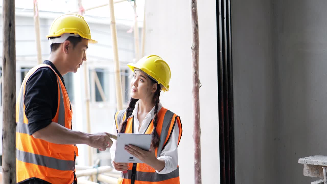 un joven hombre y una mujer ingenieros civiles asiáticos sosteniendo una tableta y trabajando juntos