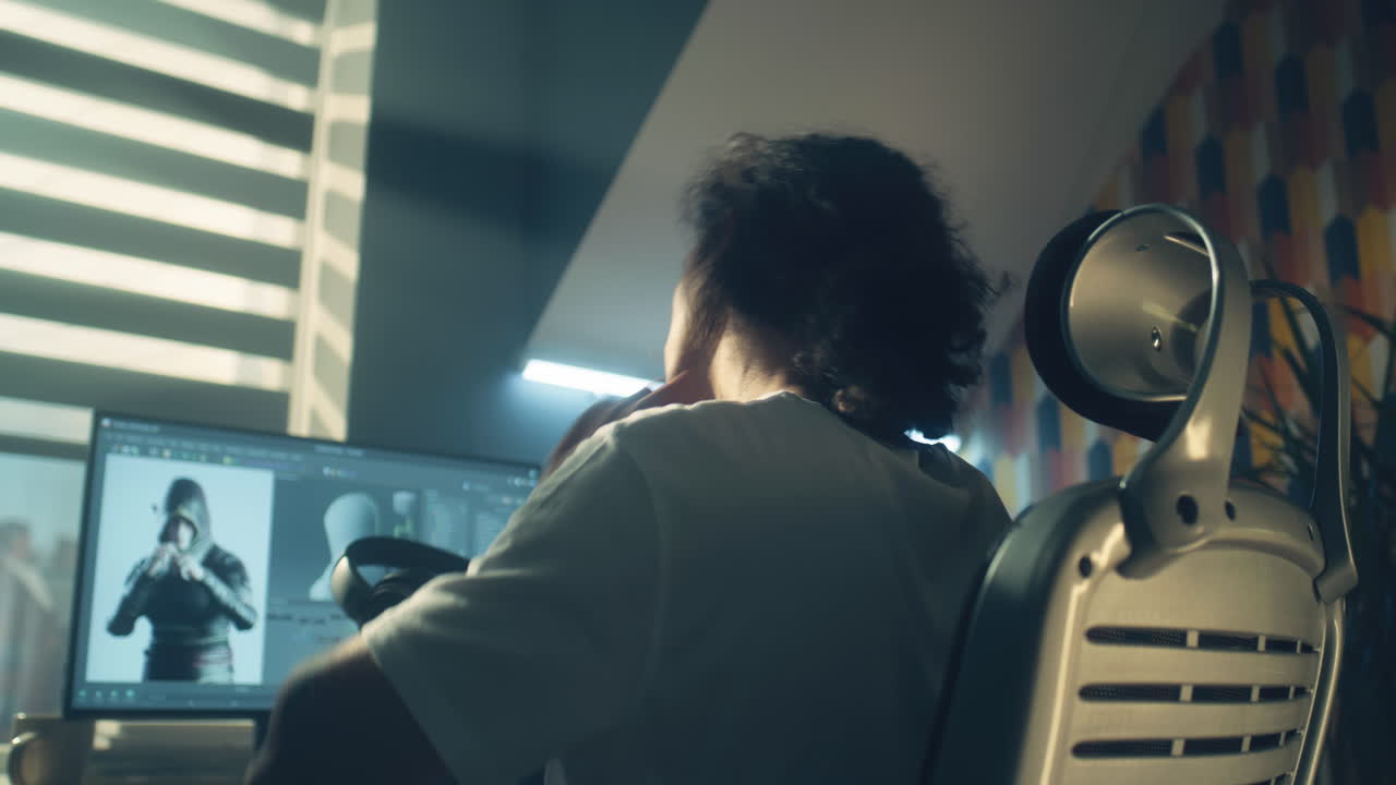 persona que trabaja en una computadora por la noche