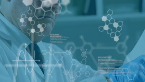 animation of scientific data processing over caucasian male scientist in laboratory
