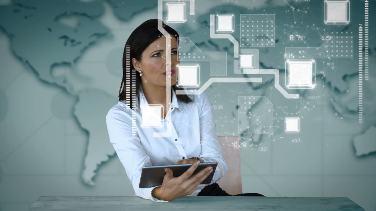 mujer de negocios mirando gráficos digitales 3d