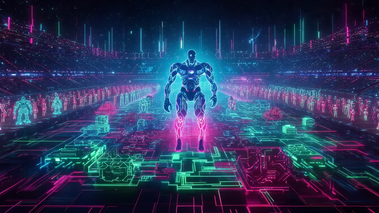 robot cibernético en una ciudad de neón