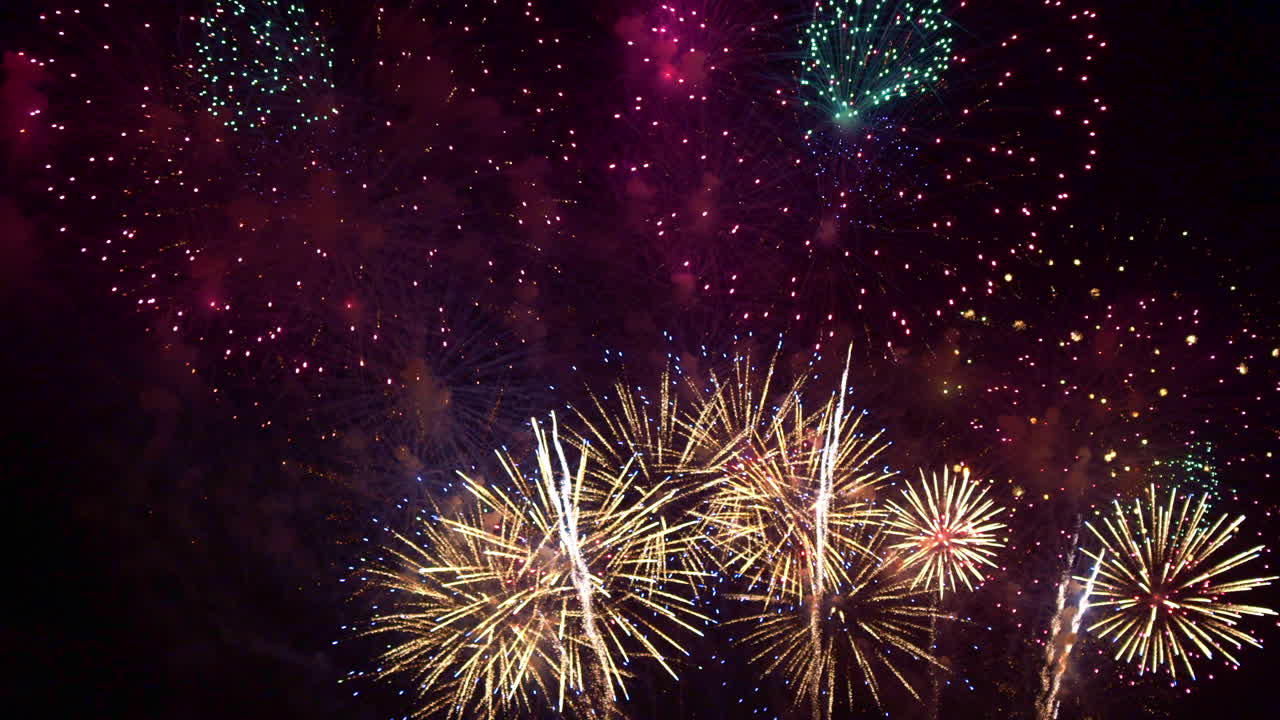 The end of a fireworks display fills the sky with massive colorful explosions