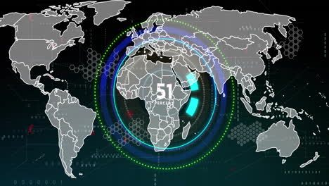 Animation-Eines-Blauen-Kreisförmigen-Scanners,-Der-Den-Prozentsatz-über-Einer-Grauen-Weltkarte-Auf-Dunklem-Hintergrund-Verfolgt