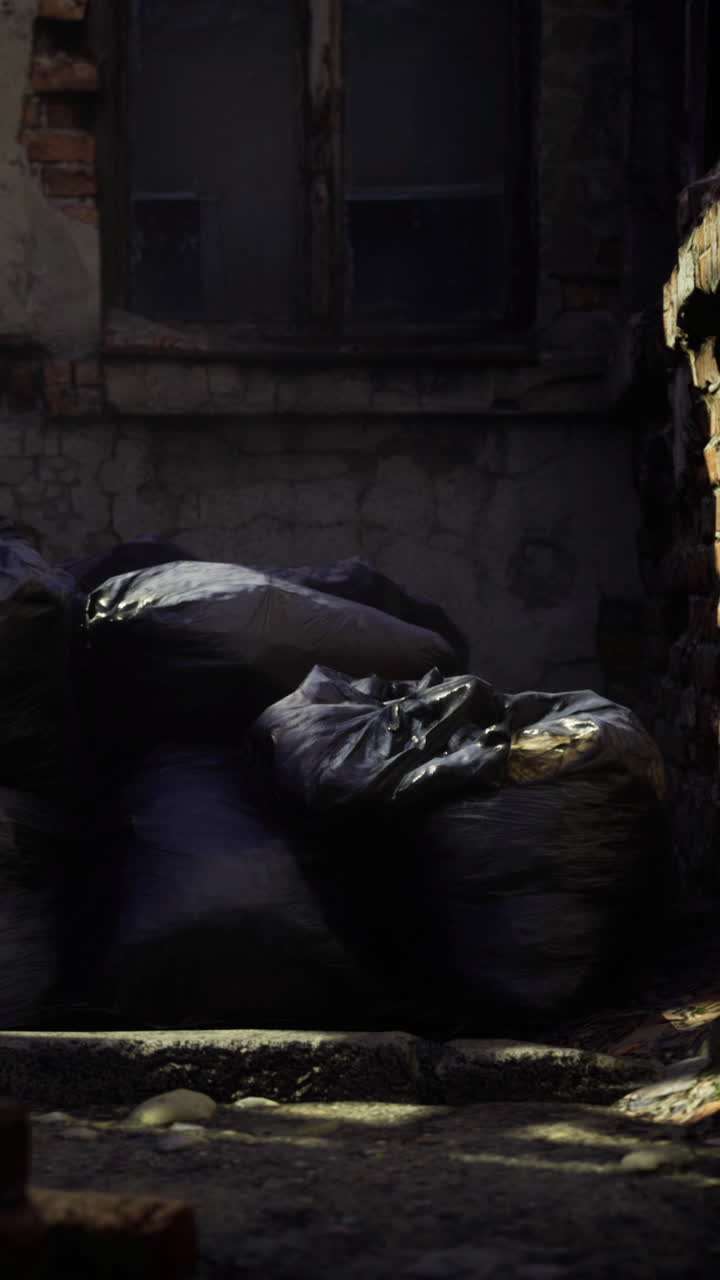 Trash bags pile up in a dimly lit alleyway during late afternoon hours