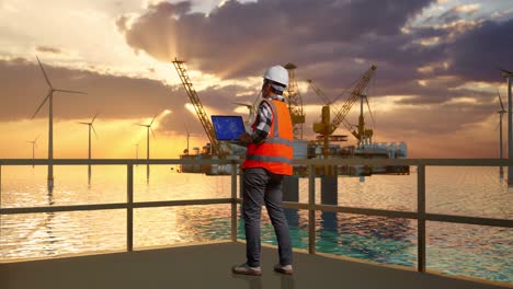 full body back view of asian male engineer with safety helmet working on laptop with wind turbine blueprint with offshore hydrogen production