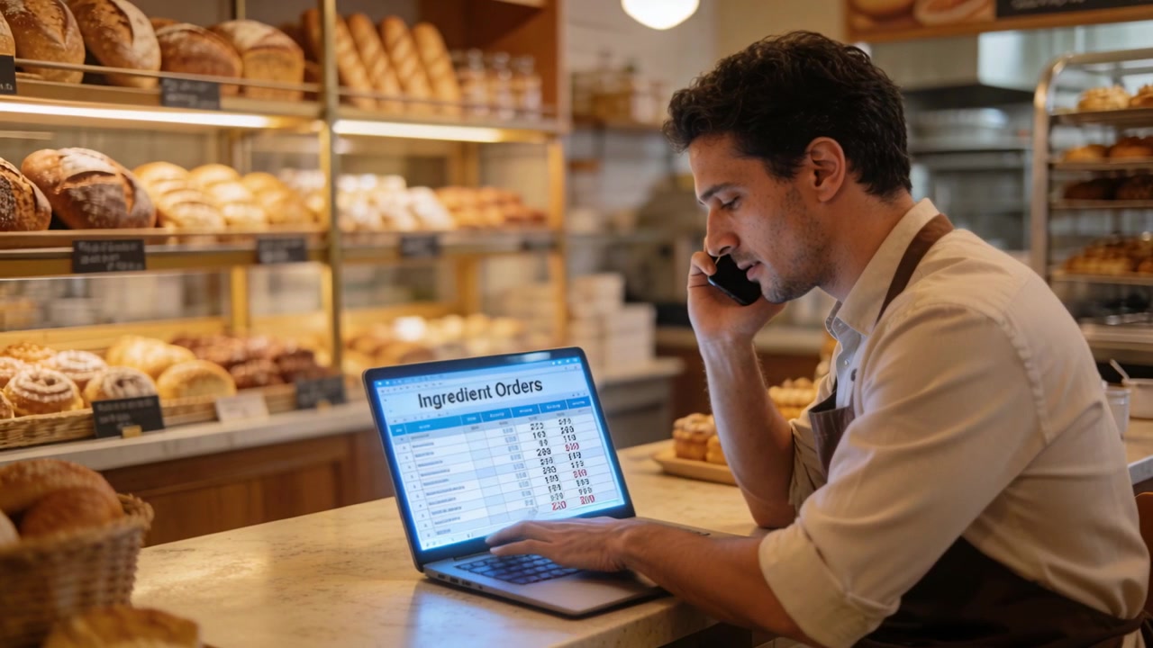 Answering call, baker in brown apron checking ingredient orders at counter on laptop, copy space