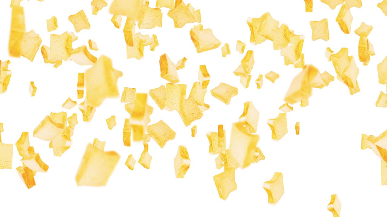 색 배경에 많은 평평한  조각을 날아. 식품, 음식 및 먹는 개념. 밀  조편의 3d 애니메이션 회전. 루프 애니메이션.