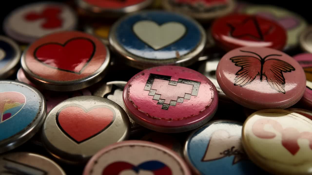 Endre fokus, kamera beveger seg over brettet, sentrerer blått hjerte-merke og avslører avskallet emalje