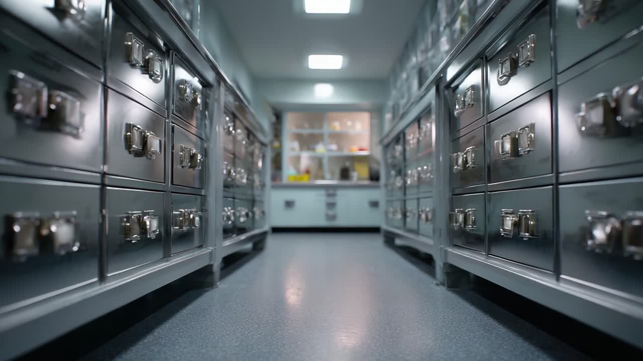 Ein schmaler Gang, umgeben von metallischen Schränken in einer klinischen Umgebung, der eine organisierte Lagerung und helle Neonbeleuchtung zeigt