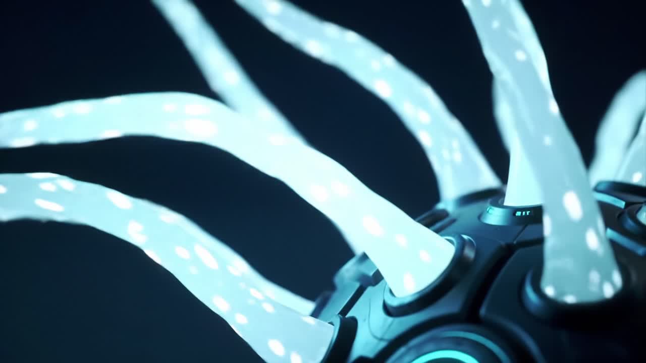 An Intricate Exploration of an Otherworldly Orb with Radiant Tentacles, Displaying a Fusion of Technology and Ethereal Design in a Dark Environment